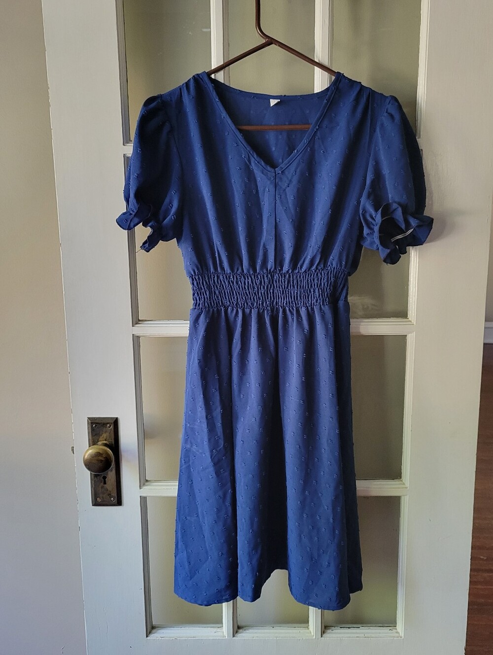 Women's blue swiss dot short sleeve midi dress size Small Casual Church Business
